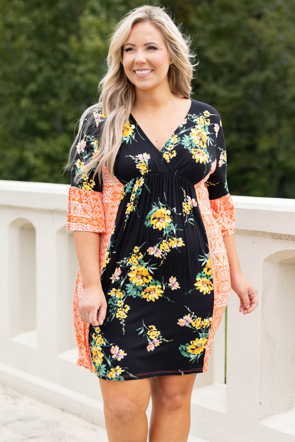 Chic Soul plus size clothing, black-orange multi floral half length sleeve dress