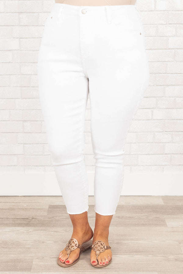 Chic Soul plus size clothing, white capri jeans with frayed hemlines