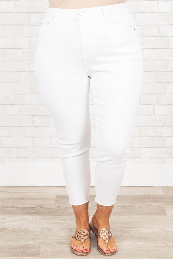 Chic Soul plus size clothing, white capri jeans with frayed hemlines