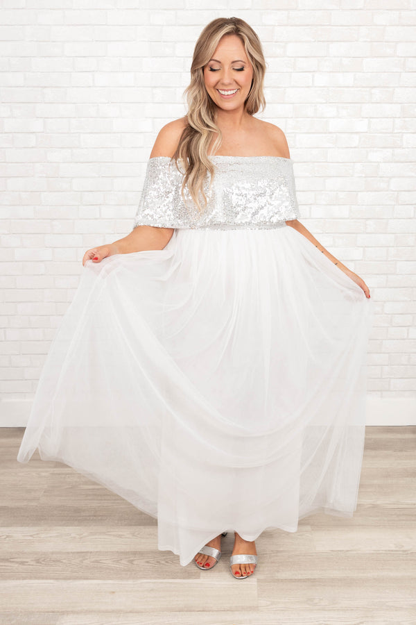 Chic Soul plus size clothing, silver off the shoulder dress with mesh skirt in white