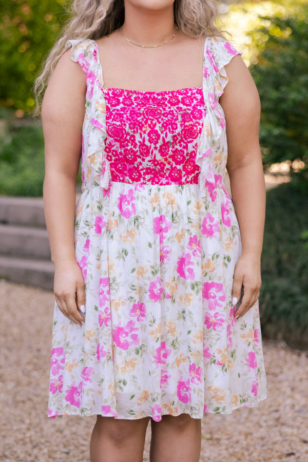 Chic Soul plus size clothing, multicolor floral pattern dress with hot pink embroidery on bodice and flutter sleeves