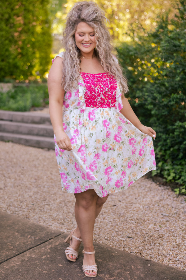 Chic Soul plus size clothing, multicolor floral pattern dress with hot pink embroidery on bodice and flutter sleeves