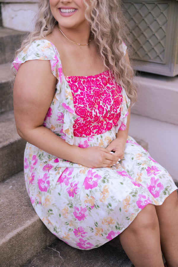 Chic Soul plus size clothing, multicolor floral pattern dress with hot pink embroidery on bodice and flutter sleeves