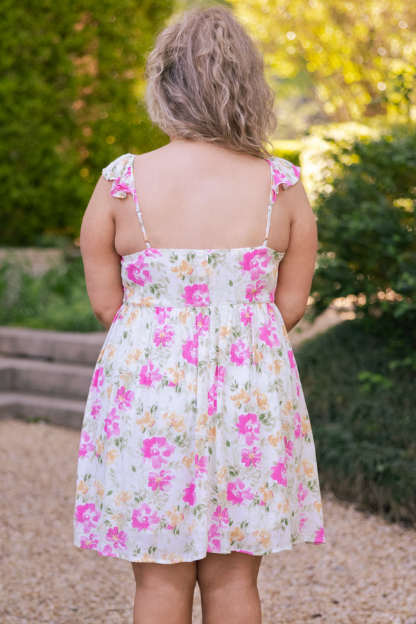 Chic Soul plus size clothing, multicolor floral pattern dress with hot pink embroidery on bodice and flutter sleeves