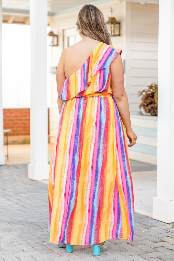 Chic Soul plus size clothing, multicolor one shoulder striped maxi dress with waist tie