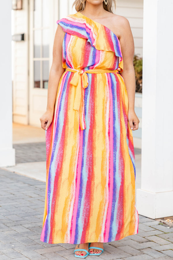 Chic Soul plus size clothing, multicolor one shoulder striped maxi dress with waist tie