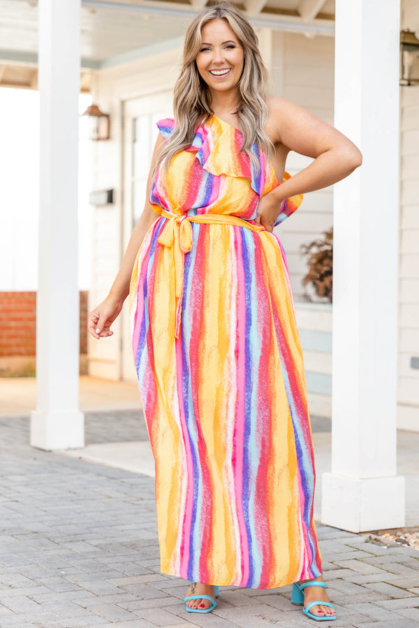 Chic Soul plus size clothing, multicolor one shoulder striped maxi dress with waist tie