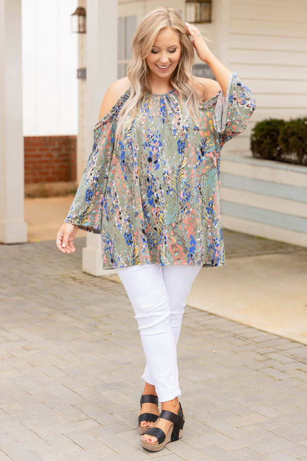 Chic Soul plus size clothing, halter style key hole floral long bell sleeve top