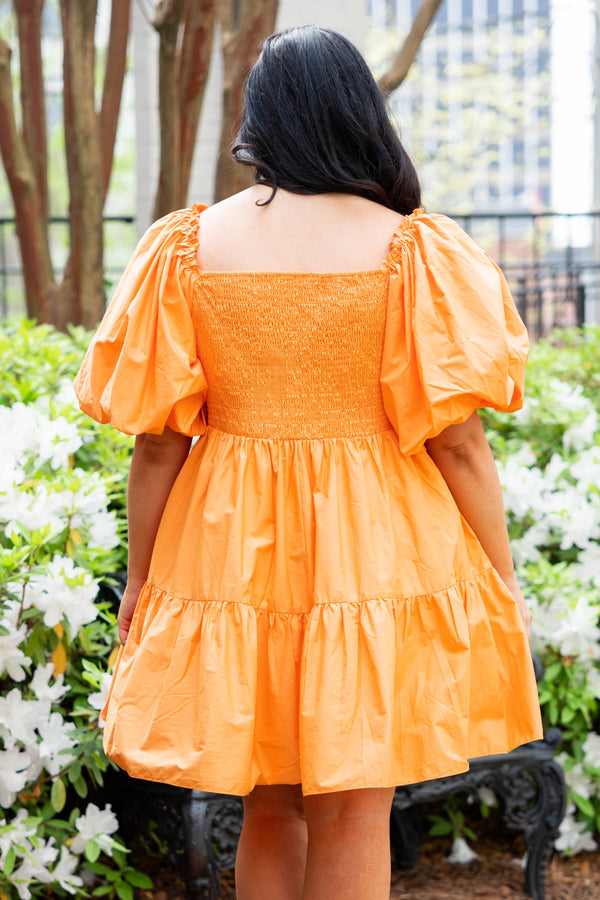 Chic Soul plus size clothing, melon babydoll style dress with ruffle detailing and bubble sleeves