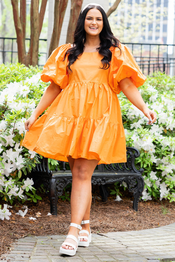 Chic Soul plus size clothing, melon babydoll style dress with ruffle detailing and bubble sleeves