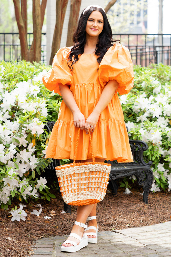 Chic Soul plus size clothing, melon babydoll style dress with ruffle detailing and bubble sleeves