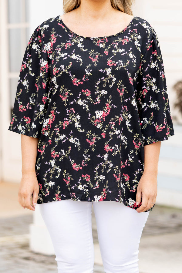Chic Soul plus size clothing, black top with floral pattern and open tie back
