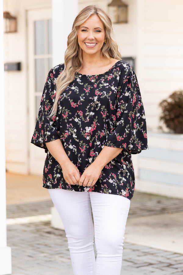 Chic Soul plus size clothing, black top with floral pattern and open tie back