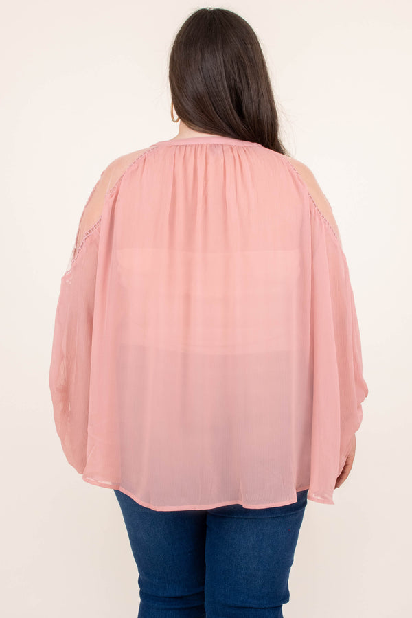 Chic Soul plus size clothing, blush pink long bubble sleeve top with shoulder cut outs and tie at neck line