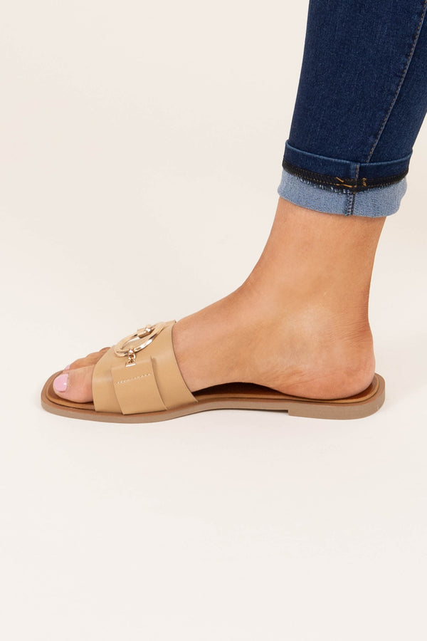 Chic Soul plus size clothing, tan slip on sandals with gold buckle on top