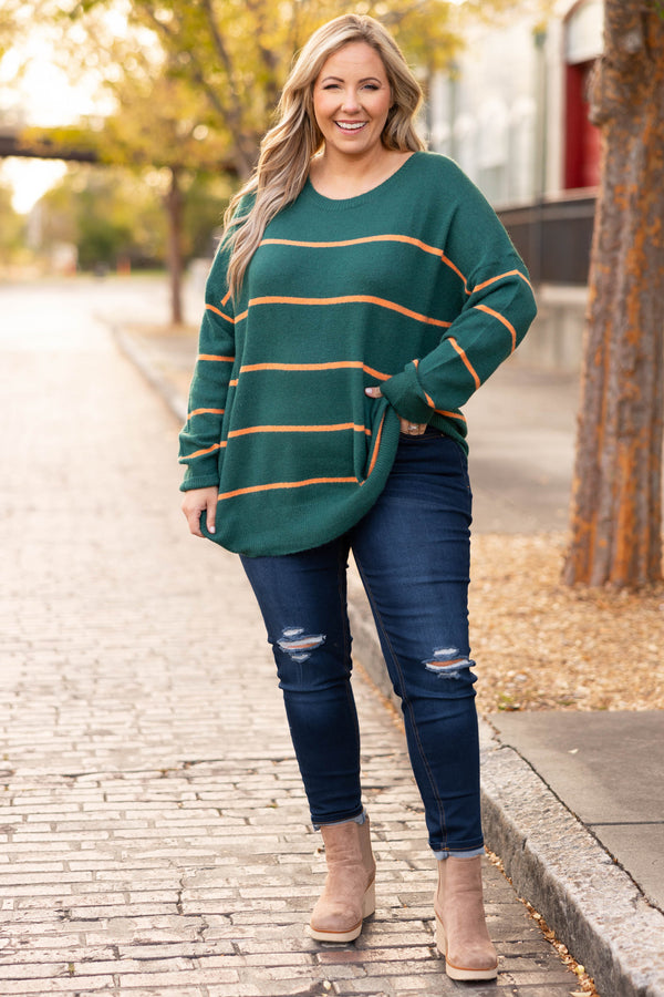 Chic Soul plus size clothing, olive and rust striped sweater