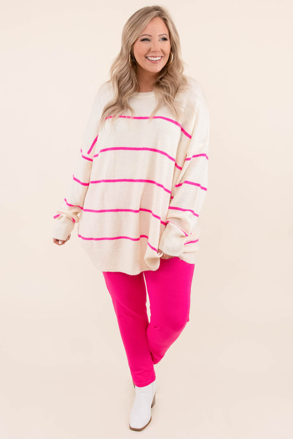 Chic Soul plus size clothing, white sweater with hot pink horizontal stripes and long sleeves