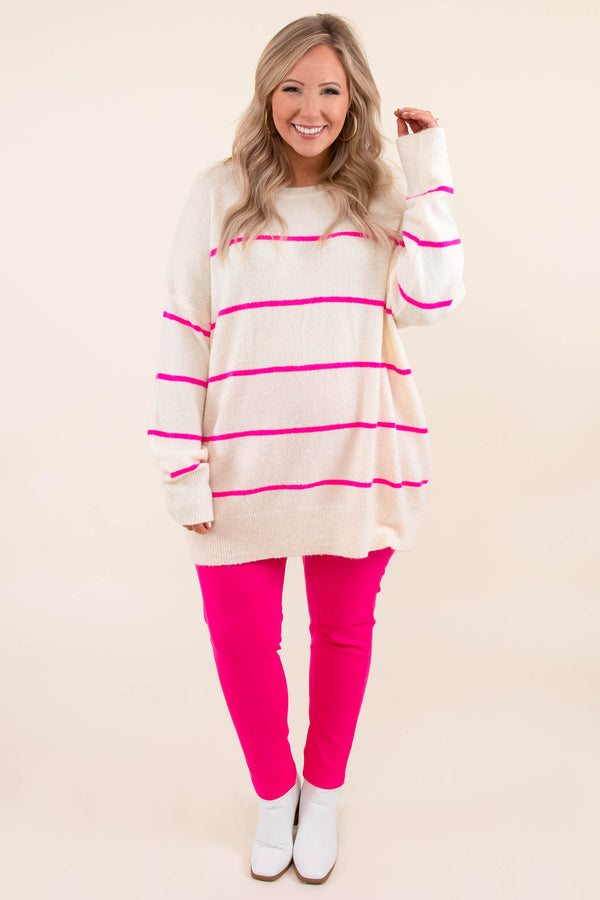Chic Soul plus size clothing, white sweater with hot pink horizontal stripes and long sleeves