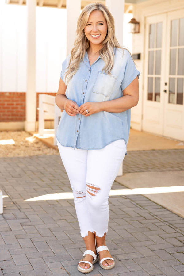 Chic Soul plus size clothing, light denim button down top