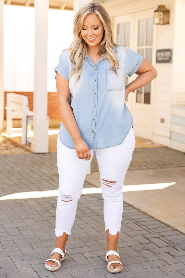 Chic Soul plus size clothing, light denim button down top