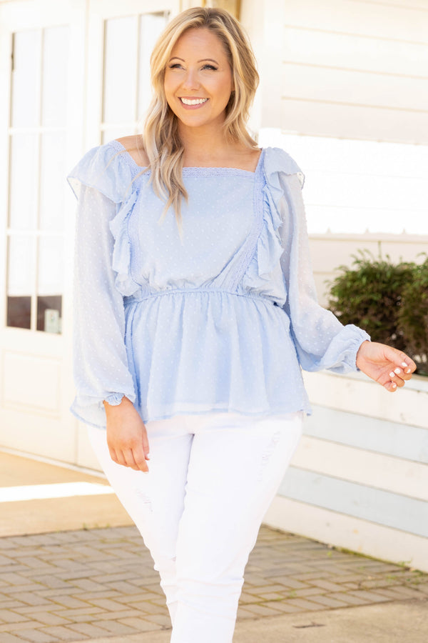 Chic Soul plus size clothing, light blue swiss dotted top with square neckline, ruffle details, and elastic waistband 