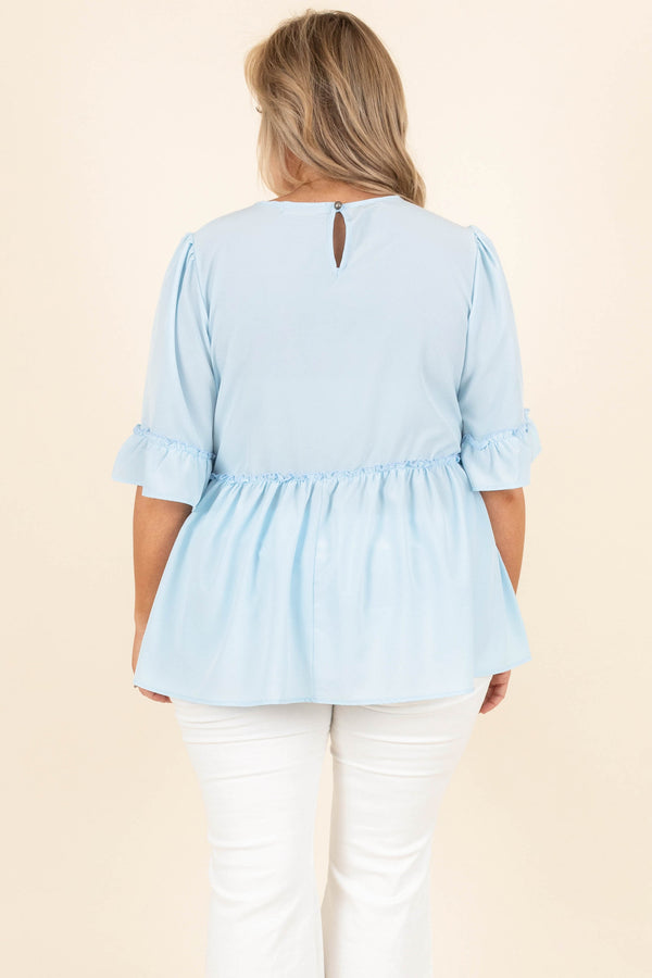 Chic Soul plus size clothing, light blue short bubble flutter sleeve babydoll top