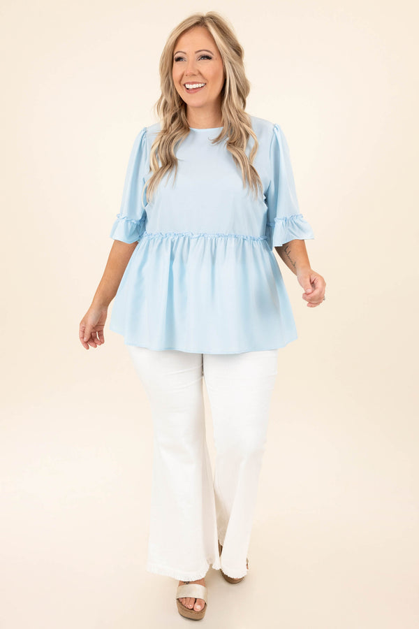 Chic Soul plus size clothing, light blue short bubble flutter sleeve babydoll top
