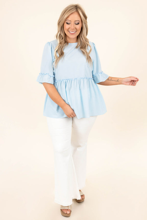 Chic Soul plus size clothing, light blue short bubble flutter sleeve babydoll top