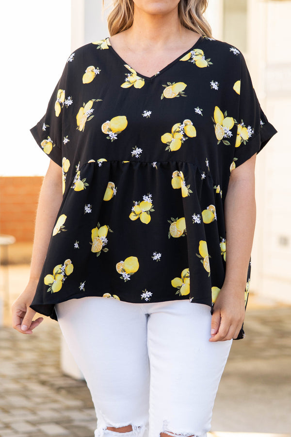 Chic Soul plus size clothing, black babydoll style top with lemon floral print