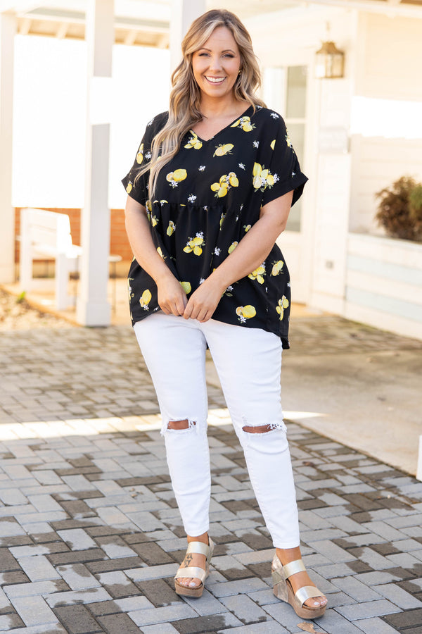 Chic Soul plus size clothing, black babydoll style top with lemon floral print
