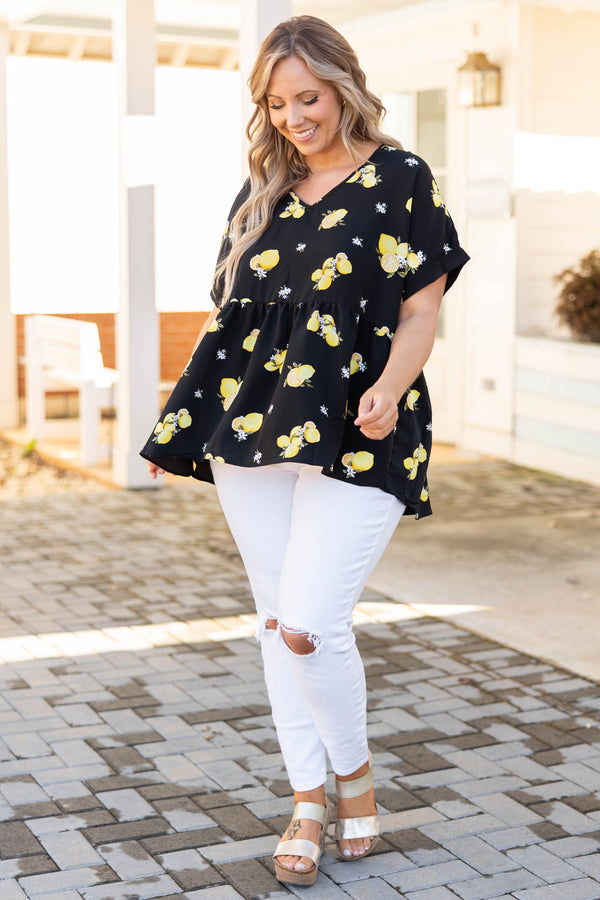 Chic Soul plus size clothing, black babydoll style top with lemon floral print