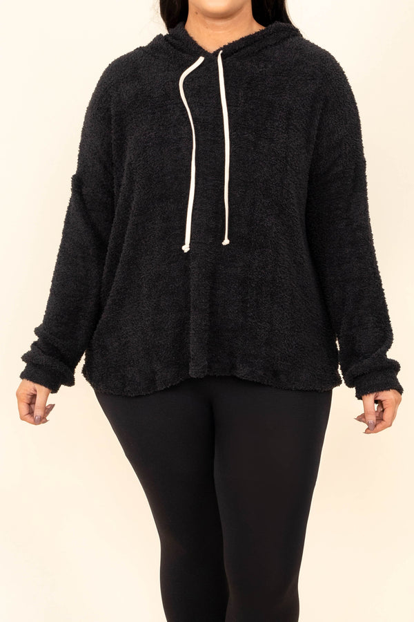 Plus Size black fuzzy hoodie with white drawstrings and a relaxed fit.