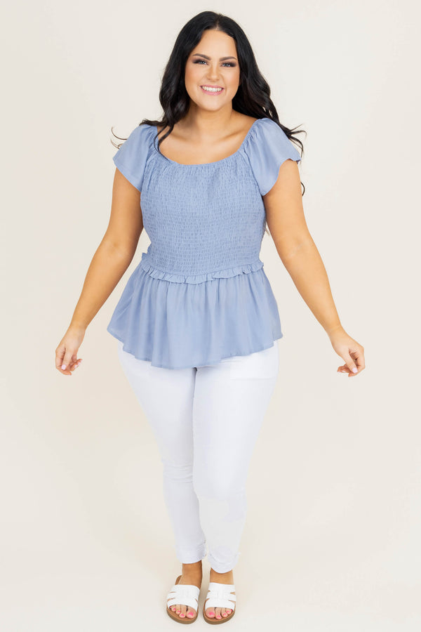 Chic Soul plus size clothing, solid blue short sleeve casual top