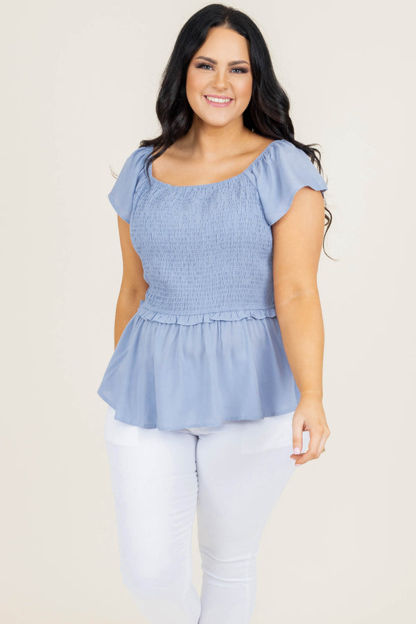 Chic Soul plus size clothing, solid blue short sleeve casual top