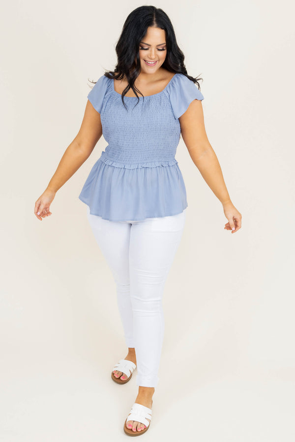 Chic Soul plus size clothing, solid blue short sleeve casual top