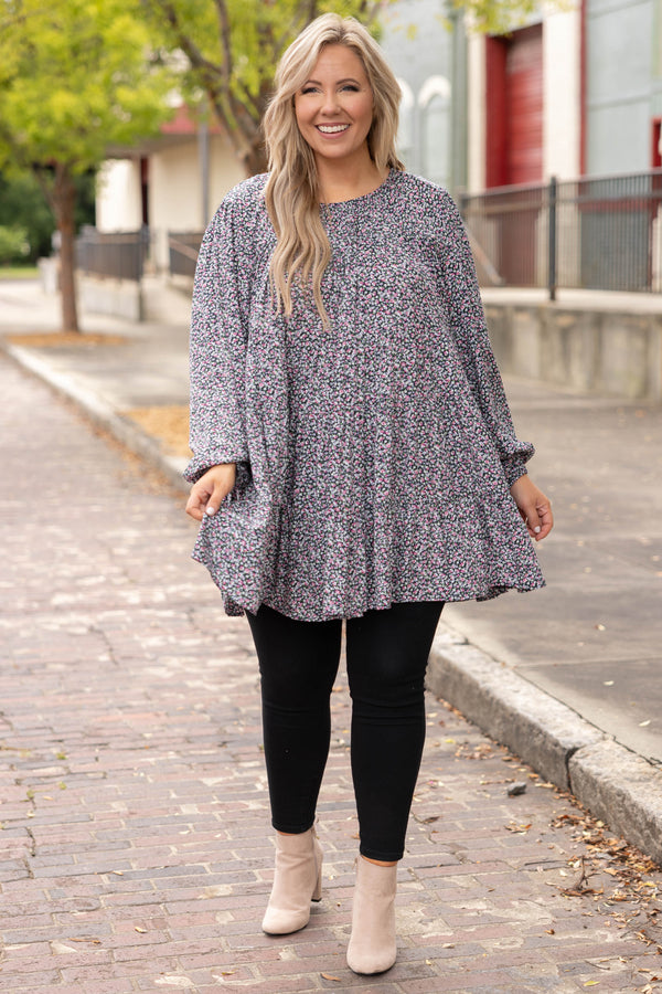 Chic Soul plus size clothing, navy floral long sleeve tunic