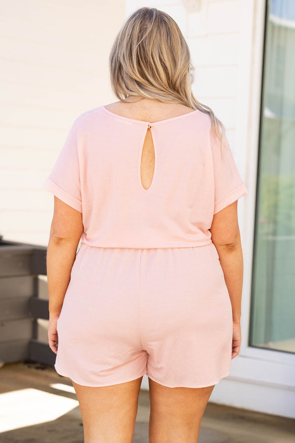 Chic Soul plus size clothing, blush v neck short sleeve belted casual romper