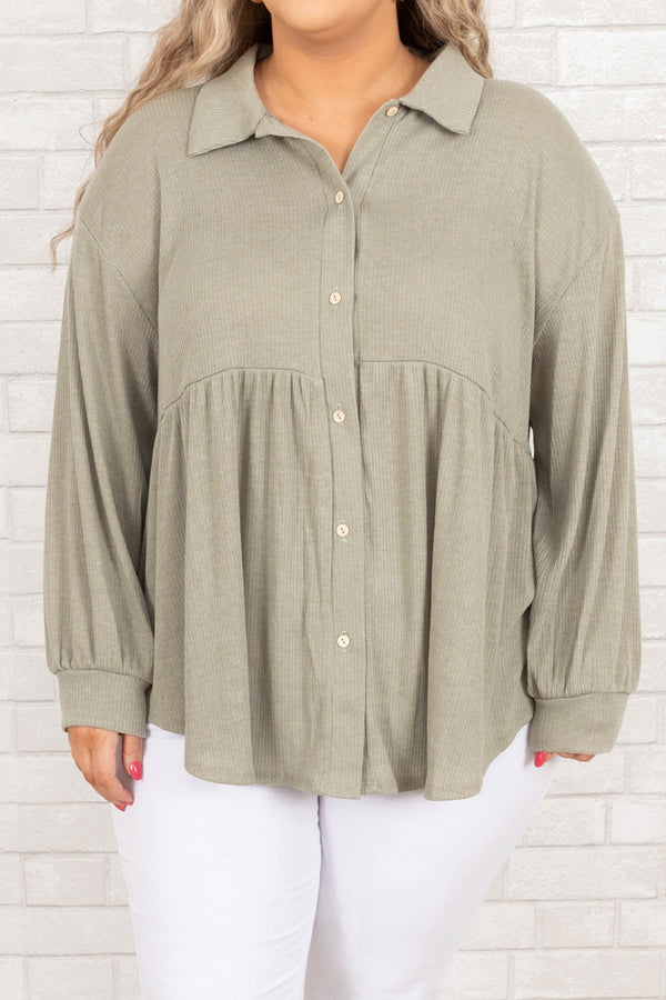 Chic Soul plus size clothing, moss green babydoll style top with bubble sleeves