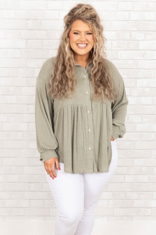 Chic Soul plus size clothing, moss green babydoll style top with bubble sleeves