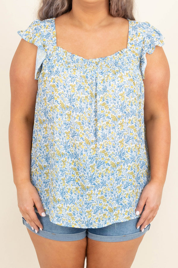 Chic Soul plus size clothing, blue floral short flutter sleeve tank top