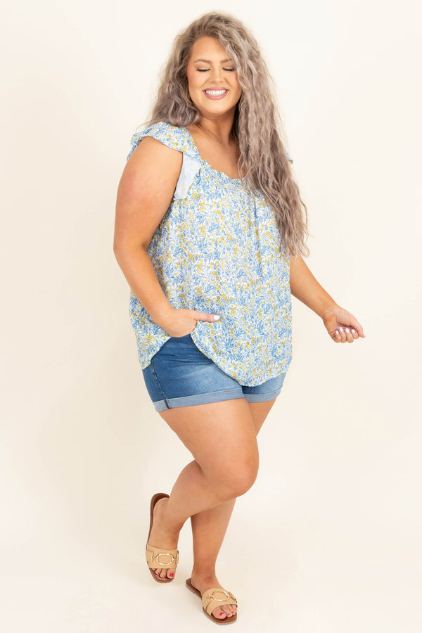 Chic Soul plus size clothing, blue floral short flutter sleeve tank top