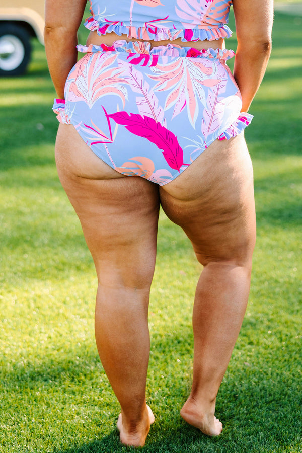 Chic Soul plus size clothing, blue floral pattern swim bottoms with ruffle waistline