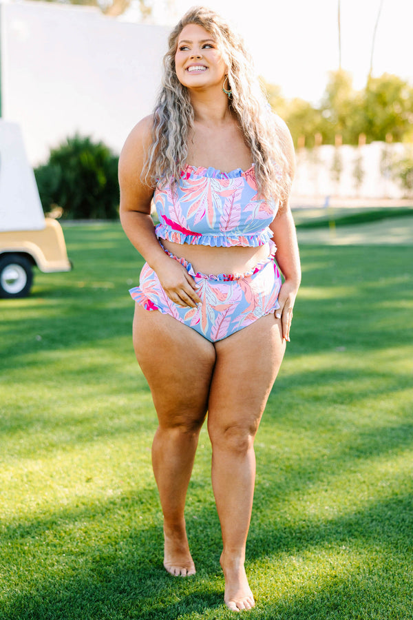 Chic Soul plus size clothing, blue floral pattern swim bottoms with ruffle waistline