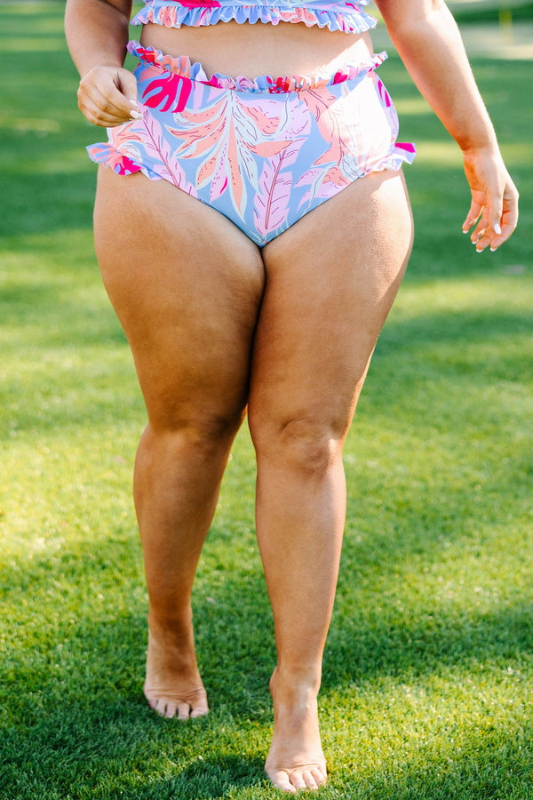 Chic Soul plus size clothing, blue floral pattern swim bottoms with ruffle waistline