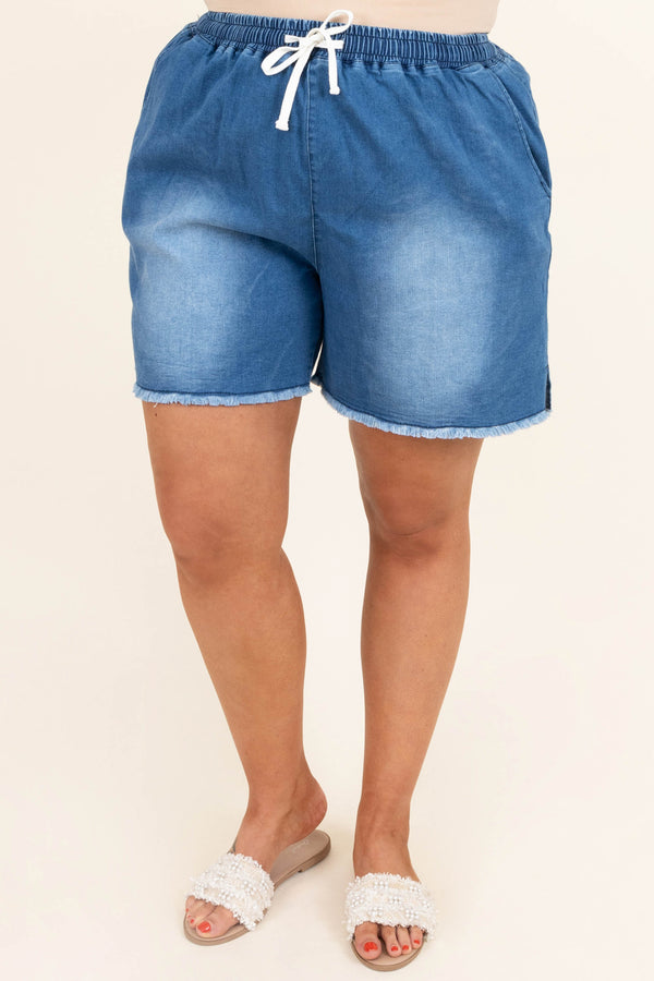 Chic Soul plus size clothing, elastic waistband medium blue wash shorts
