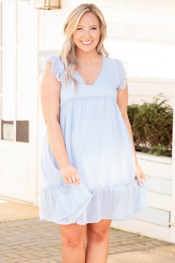 Chic Soul plus size clothing, light blue swiss dot style short ruffle sleeve babydoll dress