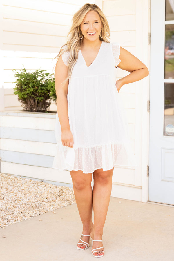 Chic Soul plus size clothing, white swiss dot style short flutter sleeve babydoll dress
