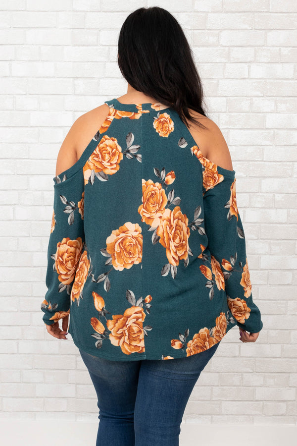 Chic Soul plus size clothing, teal floral cold shoulder long sleeve top