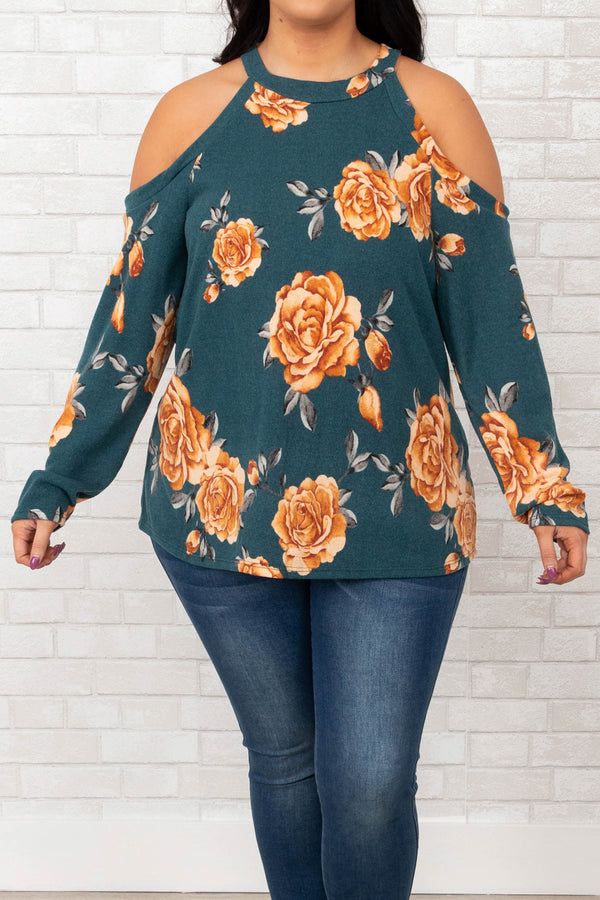 Chic Soul plus size clothing, teal floral cold shoulder long sleeve top