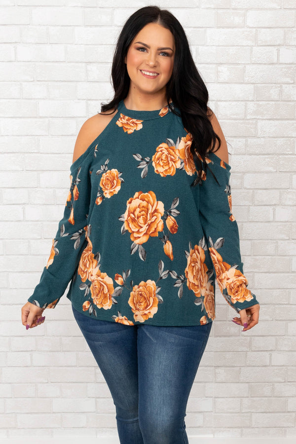 Chic Soul plus size clothing, teal floral cold shoulder long sleeve top